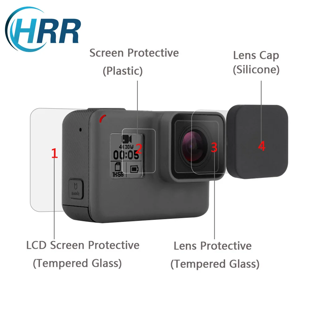 

HRR Screen Protector Kit for GoPro Hero 5 6 7 Blcak,Tempered Glass Screen + Lens Protective Film + Lens Cap Cover Accessory