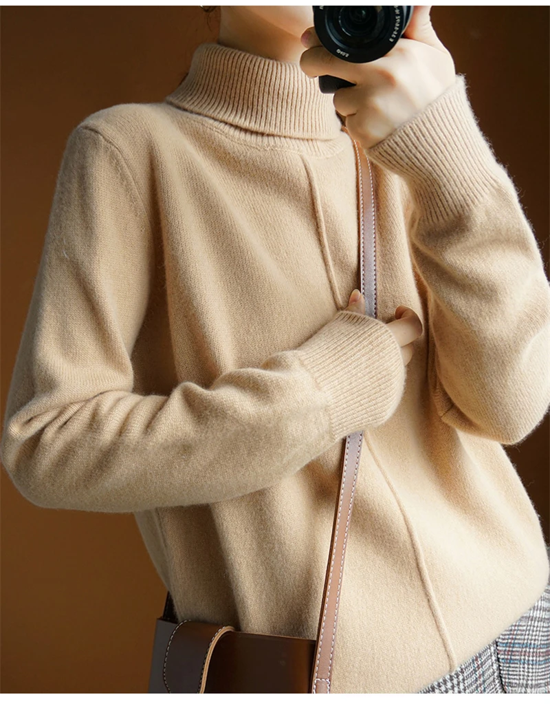 Шерсть мериноса вязанный Женский широкий свободный свитер пуловер с высоким воротником сплошной цвет универсальные S-2XL
