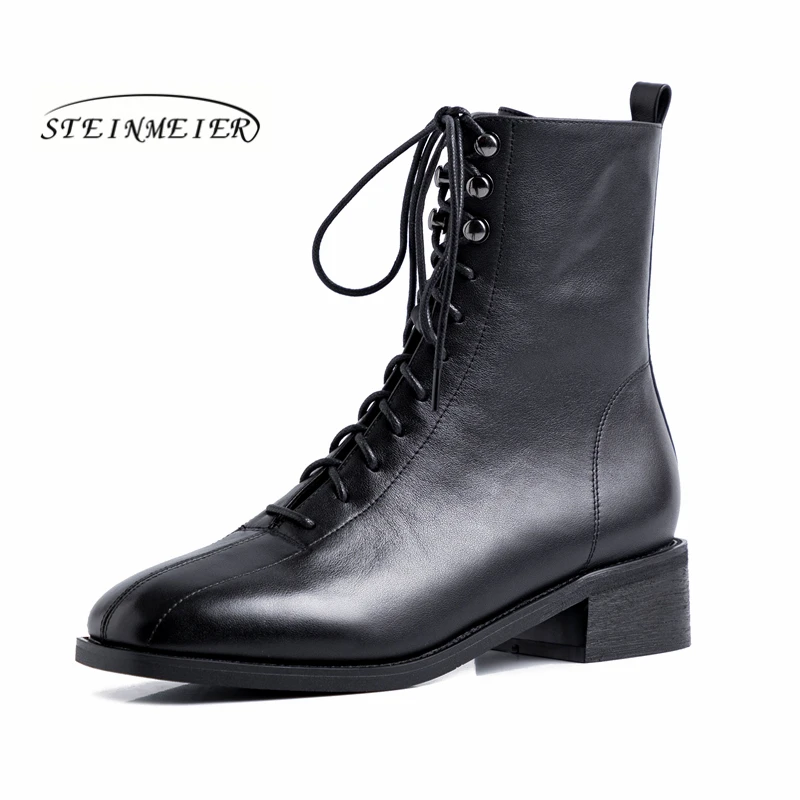 

Women Winter Snow Boots Genuine leather Ankle short heel round toe laces zipper women's retro waterproof winter boots 2019 shoes