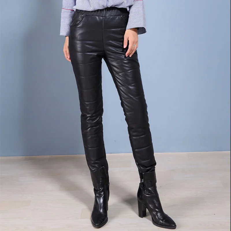 Women's High Waist Sheepskin Leather Pants, Winter Warm Pants, Thickened Black Pencil Pants