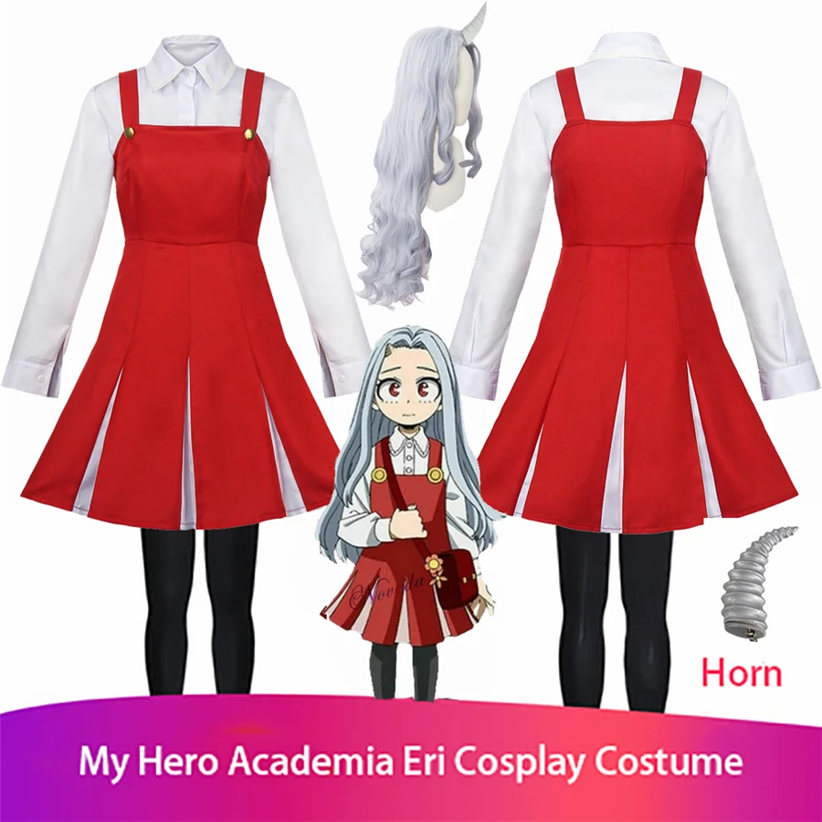 Specialty Fashion MHA Eri Cosplay Costume Dress with Horn and Eri Light Purple Curly Cosplay Wig