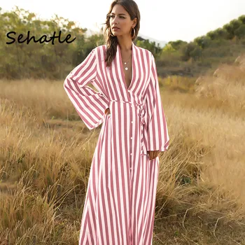 

Summer dresses 2020 new Sehatle midi bohemian dress casual beach sexy rob striped V-neck boho long sleeve clothing for women