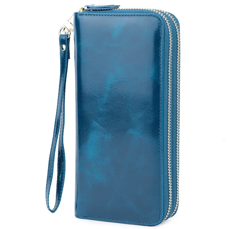 Модные женские кошельки из натуральной кожи, женские кожаные кошельки с длинным карманом для монет, женские кожаные бумажники, сумка для телефона, держатели для карт - Цвет: blue