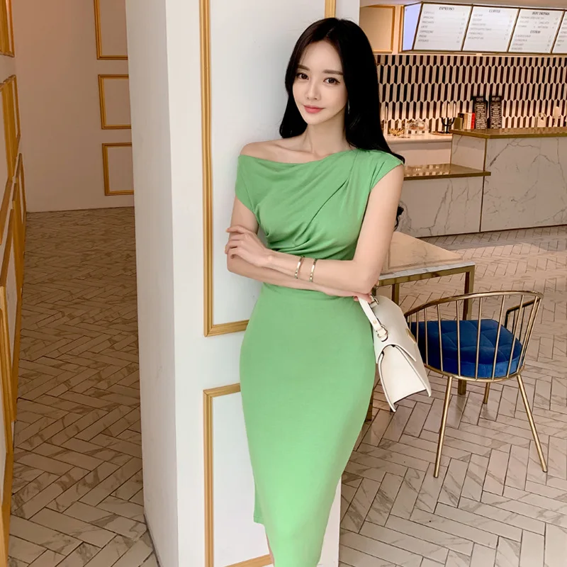 

2019 Korean-style WOMEN'S Wear Spring Summer New Style Sloping Shoulder Slim Fit Slimming Fashion Dress Women's