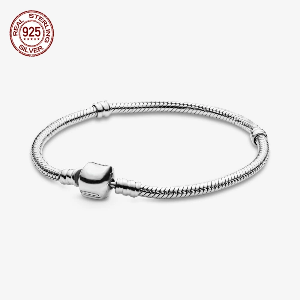 925 пробы серебряный браслет Moments Snake Chain Bracelet Fit Charms Женская цепочка в виде змеи браслет DIY Ювелирные изделия роскошный