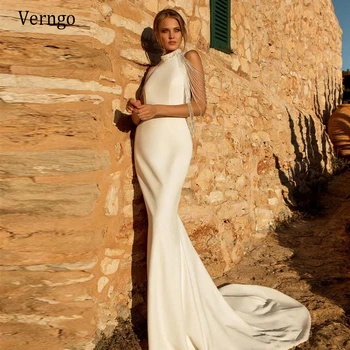 

Verngo High Neck Soft Satin Mermaid Wedding Dress With Tassel Sleeves Beads Keyhole Back Exquisite Long Bridal Party Dresses