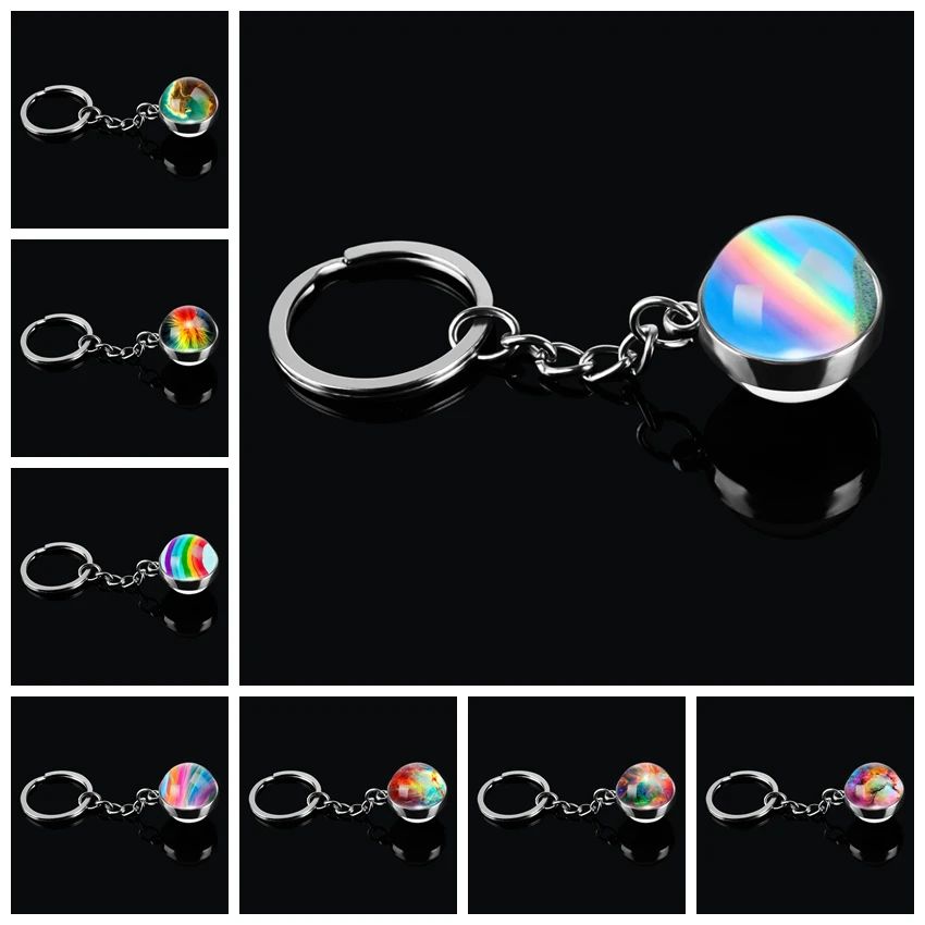 The Latest  Rainbow Starry Nebula Glass Ball Keychain Handmade Double Side Glass Ball Pendant Keyring Solar Sys 