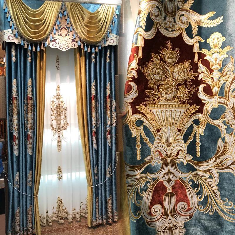 

Luxury European curtain deluxe shading bedroom gilded blue thickened flannel luxurious atmosphere living room villa