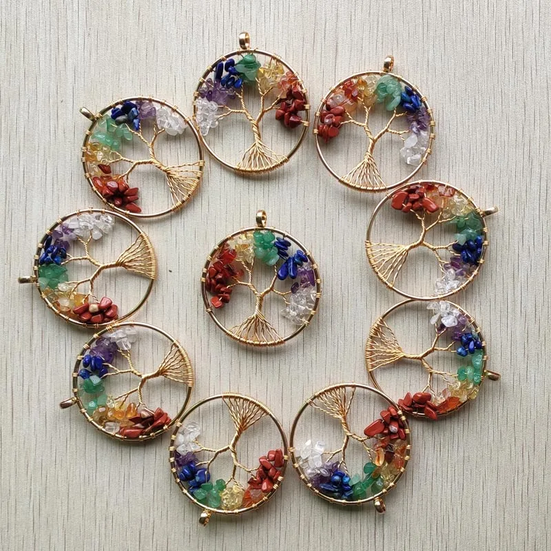 Wholesale 10pcs/lot new mixed natural stone Tree of life gold color wire wrapped Pendants 50mm for jewelry marking free shipping