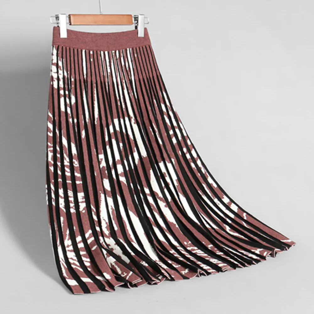 

autumn winter flexible elastic waistband stretch high waisted midi pleated floral printed warm knitted skirt for women skirts