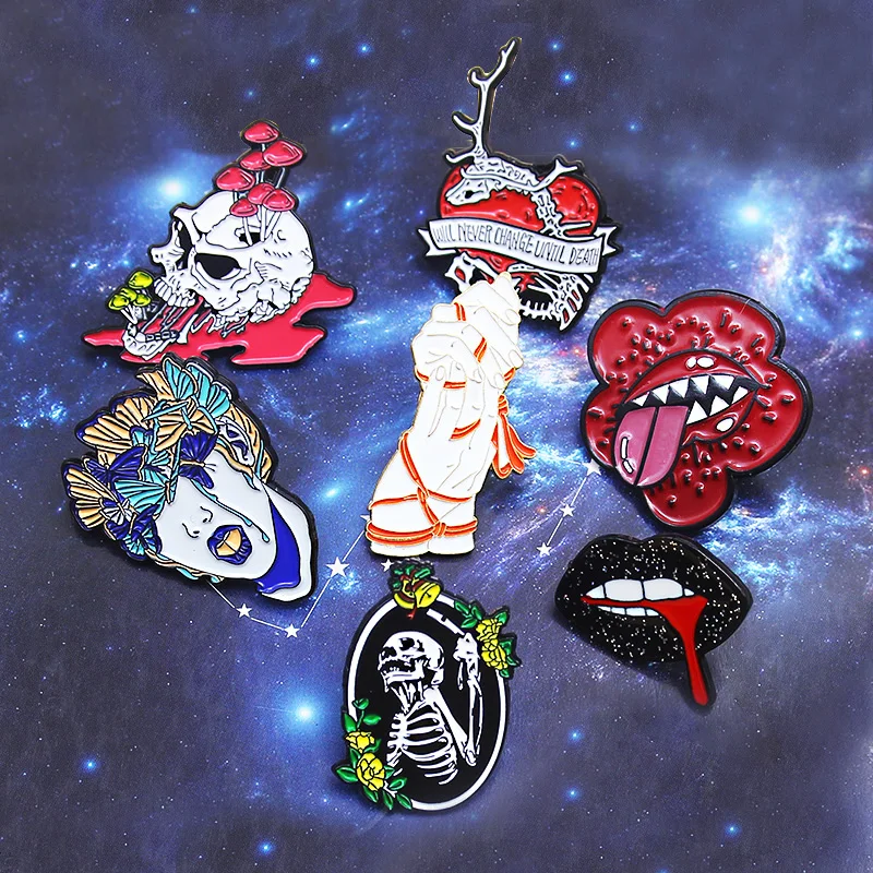 Death Skeleton Skull Heart Butterfly Girl Brooches Binding art Hand ghost Sexy Red Black Lips Badge Enamel Pin Jewelry Gift | Украшения и