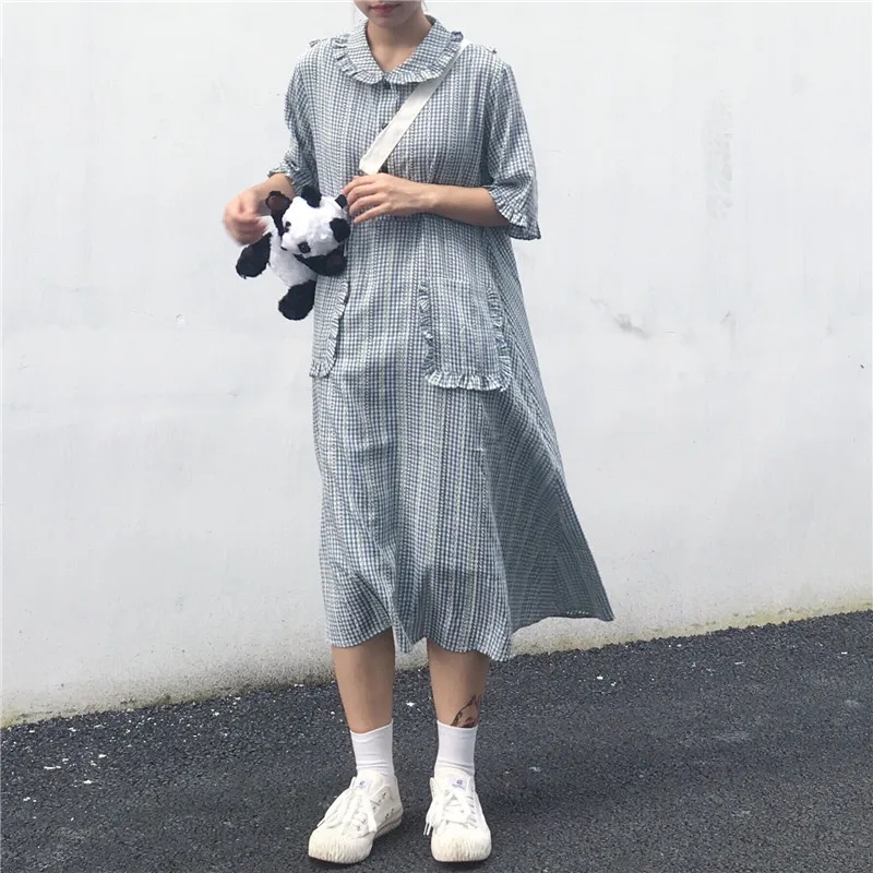Mori Girl Стиль плед ретро одежда для женщин миди женское винтажное летнее платье Питер Пэн воротник карман прямое Повседневное платье