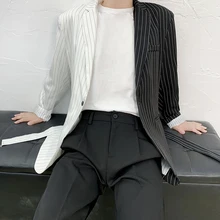 Зима новая Корейская версия свободная модная пара в полоску тренд индивидуальный дизайн стилист волос обтягивающий Повседневный пиджак