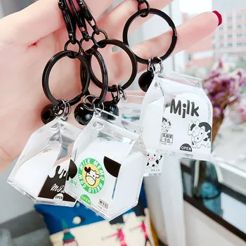 

Creative Dairy Cow Milk Drinks Acrylic Keychain Fruit Milk Moving Liquid Key Chain Decompression Drift Bottle Jewelry Kids Gifts