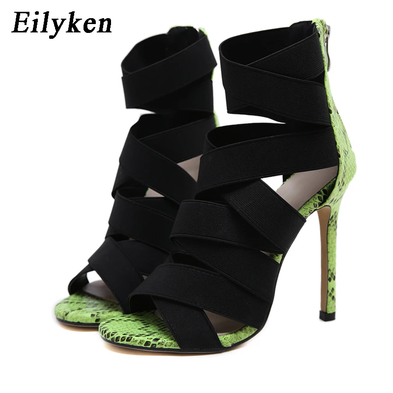 

EilyKen Elegant Female Shoes Fashion Roman Sandal Fluorescent Green Snake Print Thin High-heels Women Peep Toe Party Zip Pumps