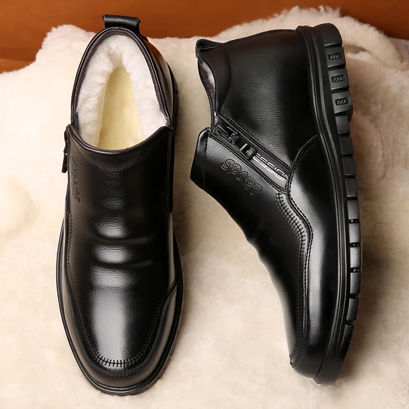 

Winter Genuine Leather Men's White Sheep Fur Boots British Style Warm Casual High Top Cotton Shoes Side Zip Shoes