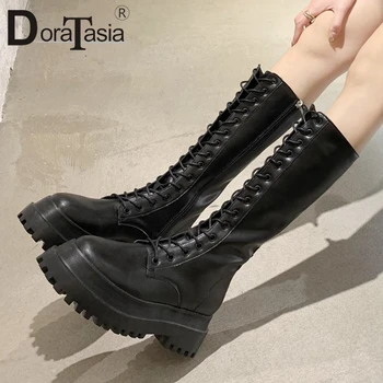

DORATASIA New Fashion Female Zip Mid Calf Boots 2020 Autumn Concise Boots Women Round Toe Cross Tied Square Heels Shoes Woman