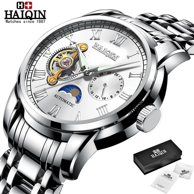 Автоматическая техника, мужские часы, HAIQIN, новинка, топ класса люкс, брендовые часы для мужчин, деловые стальные часы, мужские часы с Луной, reloj hombre - Цвет: Silver white