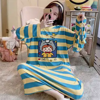 

XIZOU Sexy Pyjamas Night Dress for Women Long-Sleeved Rainbow Striped Nightgown Loose Dormir Tops Large Size Leisure Sleepwear