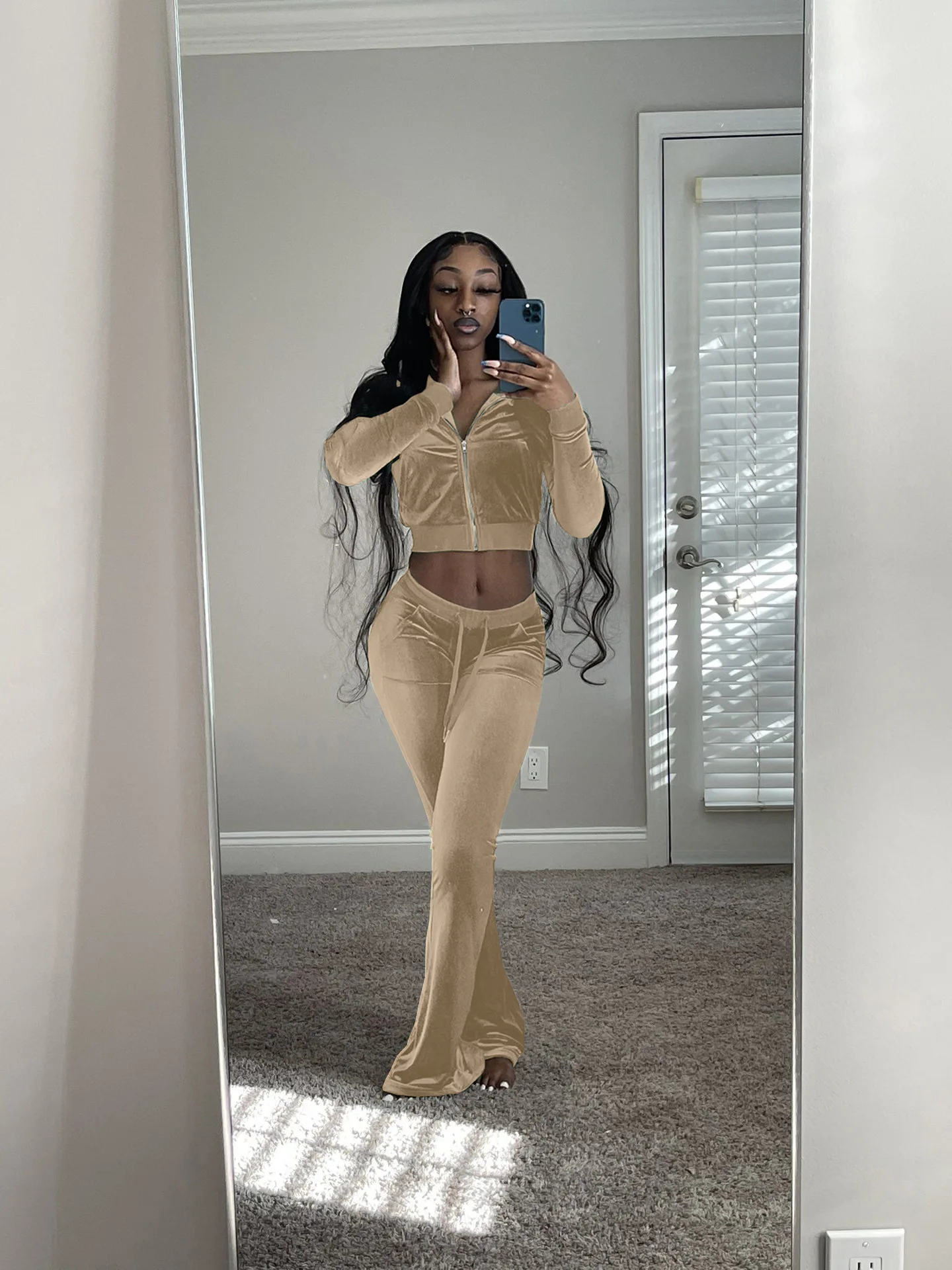 Fashion Solid Velour Two Piece Set Women Simple Casual Zipper Long Sleeve Turtleneck Top+Bandage Lace Slim Female Wide Leg Pants sweat suits women