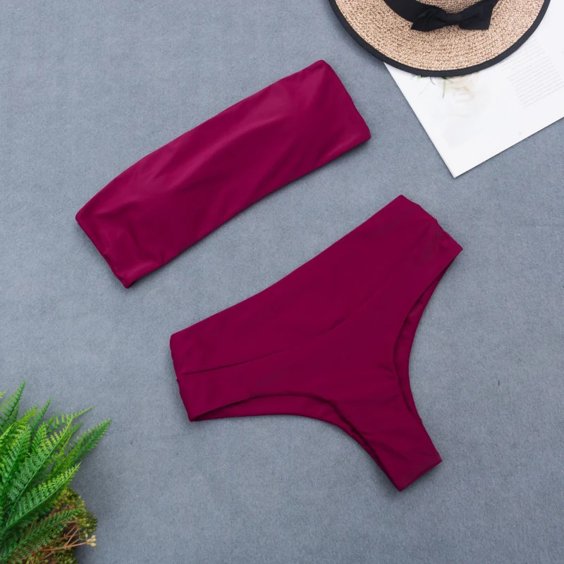 

2020 Retro Sexy Solid Bandeau High Waist Seamless Cut Biquini Swim Bathing Suit Swimsuit Swimwear Women Brazilian Bikini Red