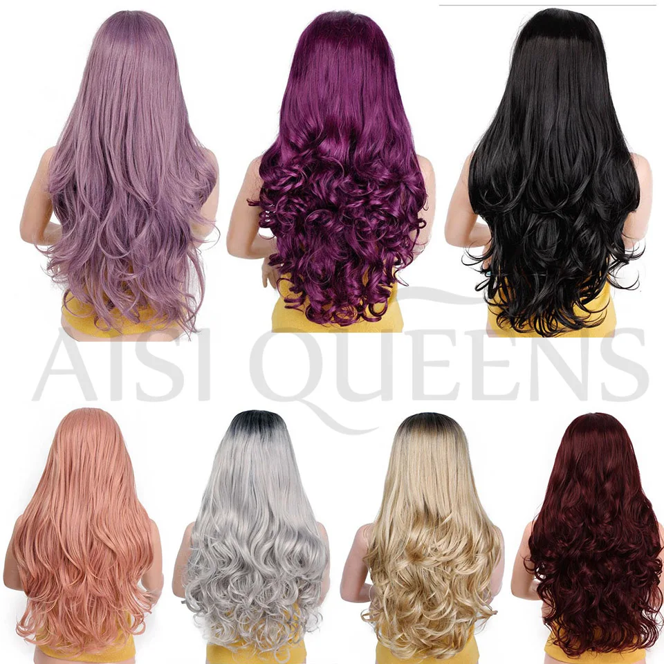 AISI QUEENS синтетический парик на кружеве розовый Волнистые длинные парики для женщин черный белый косплей розовый черный фиолетовый Омбре блонд серый парики