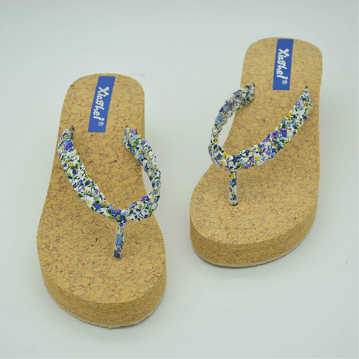 

Summer New Style Slipper Korean-style Floral-Print Knitted Belt Wood Grain Slanted Heel Flip-flops Anti-slip Outer Wear Beach Wo