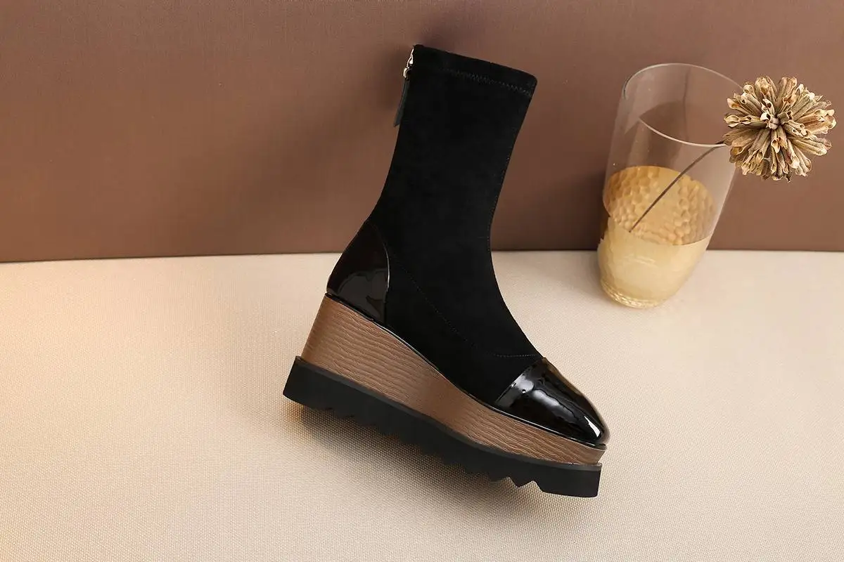 comfortable flock square toe wedges mid-calf boots casual lace up runway strech platform boots increased women winter shoes L08