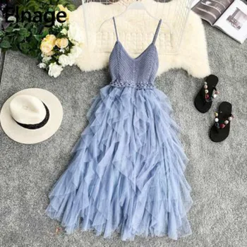 

Elnage Knitted V Neck Halter Stitching Irregular Mesh Cake Suspender Dress Sexy Open Back Solid Slim Straps Vestidos Midi 5A766