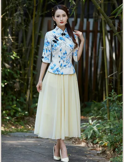 top yellow skirt set Традиционная китайская одежда для женщин блузка рубашка Ципао рубашка в стиле ретро 4XL Плюс Размер костюм топы нация ветер чайная церемония обслуживание - Цвет: top yellow skirt set