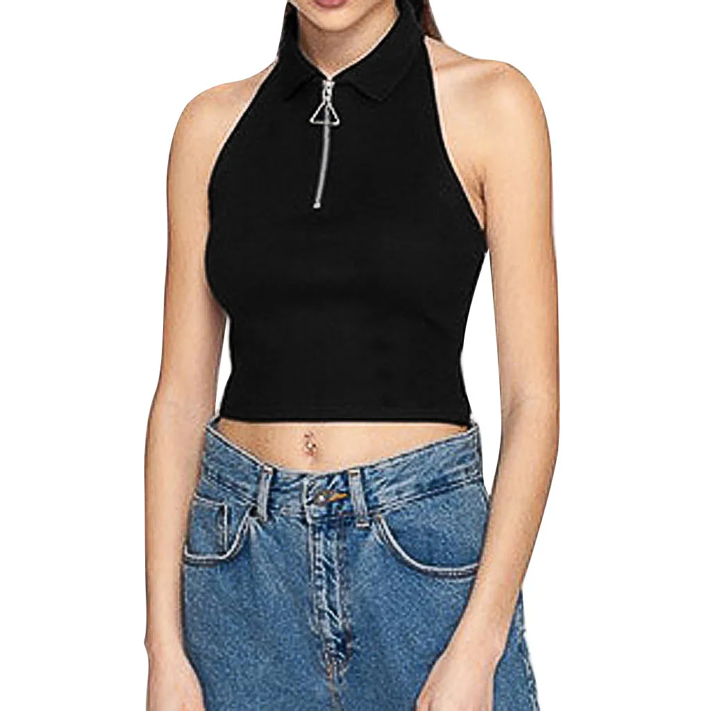 Женская футболка без рукавов однотонный жилет на молнии простая короткая одежда