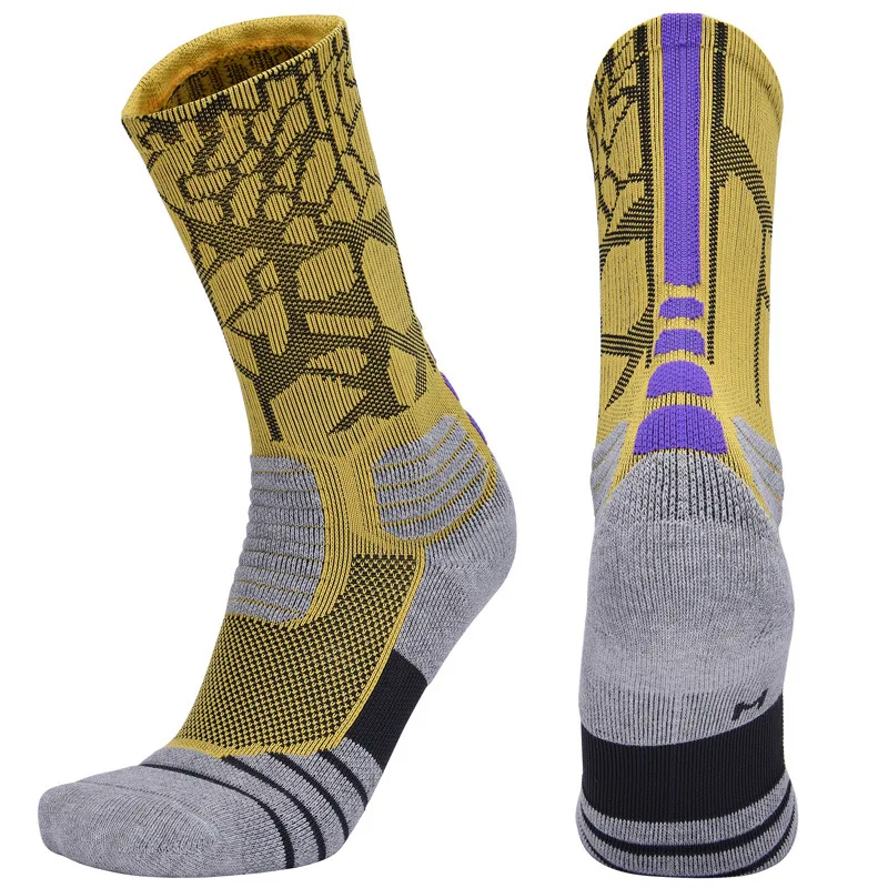 Basketball Socks Unisex Cotton Breathable Anti-friction Sox Sweat-absorbing Sports Skateboard Towel Socks Adult Fitness - Цвет: YellowPurple