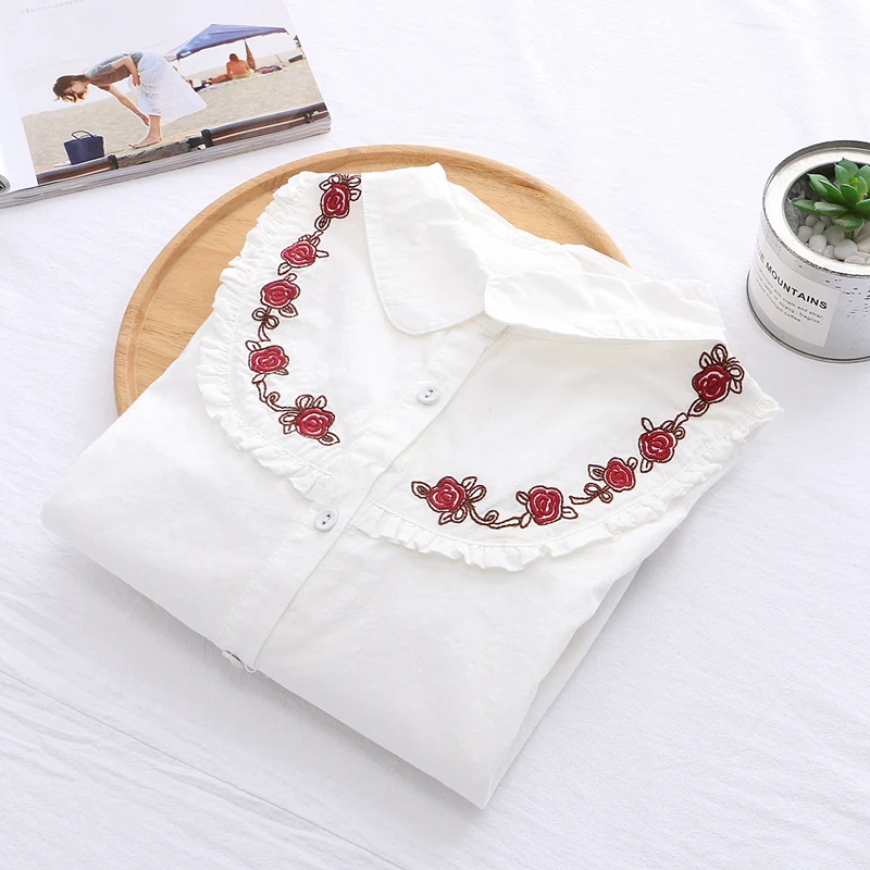 Peter pan collar cotton 100% rustic floral embroidery vintage long sleeve shirt blouse 2020 spring | Женская одежда
