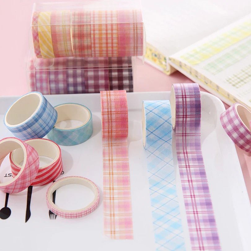 Fita adesiva adesiva adesiva, Kawaii Grid Washi Tape Set, fitas decorativas Papelaria, material escolar