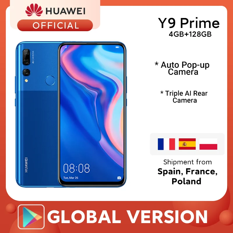 IN STOCK Huawei Y9 Prime 2019 Smartphone AI Triple Rear Cameras Global Version cellphone 4G 128G Auto Pop-Up Front Camera 6.59“