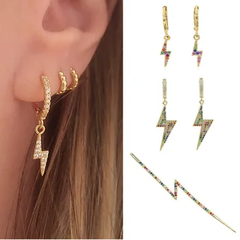 

2020 New design simple charm dangling earring for women rainbow lightning charm silver color rainbow cz minimal jewelry