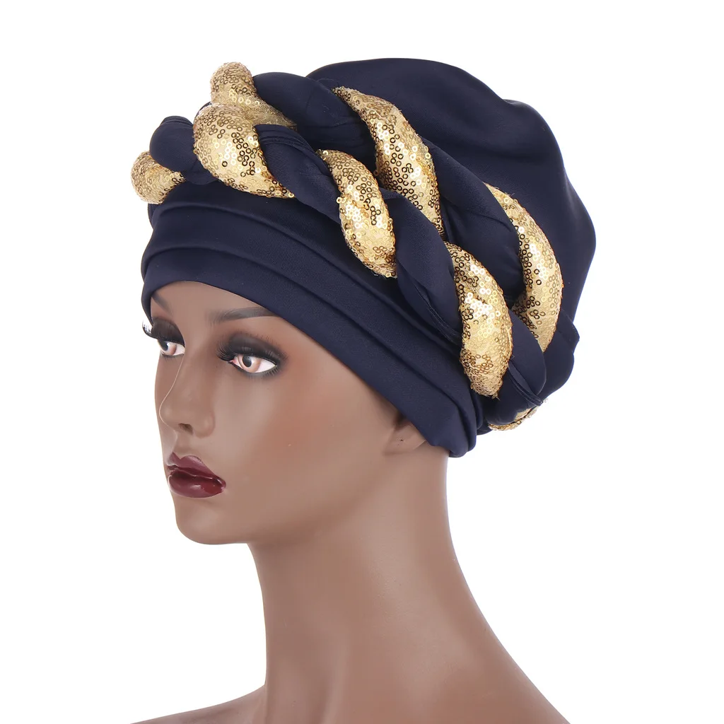 Fashion African Auto Gele Headtie Sequins Braids Women's Turban Cap Muslim Headscarf Bonnet Ready to Wear Hijab Wedding Hat formal dresses south africa