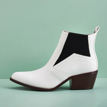 

2020 Autumn Winter Motorcycle Western Cowboy Boots Women White Short Cossacks High Heels High top Cowgirl Ankle Booties Shoes
