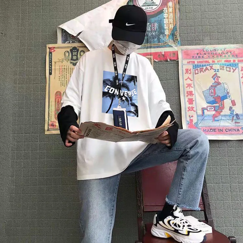 fall Coconut tree t-shirt with print Patchwork Fake two pieces Long sleeve All-match Creative streetwear Elegant plain t shirt fall Coconut tree t-shirt with print Patchwork Fake two pieces Long sleeve All-match Creative streetwear Elegant plain t shirt