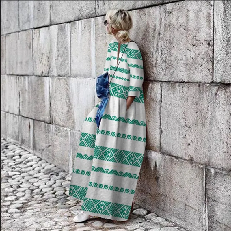 

2019 Bohemian Party Printed Dress Print Loose Long Sleeve Beach Dress Vintage Cotton Linen Maxi Dresses Vestidos