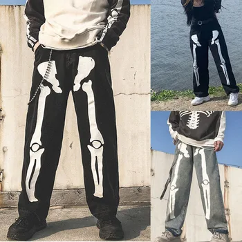 Skull Bones Print Baggy Jeans Men Denim Cargo Pants Oversized Grey Black 2