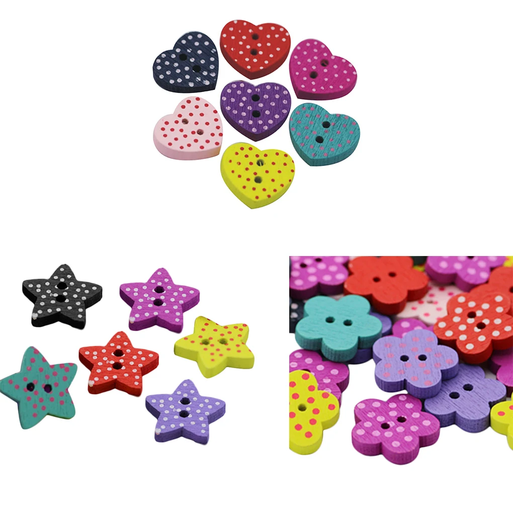 100Pcs/bag DIY Wood Buttons Heart Five Pointed Star Plum Blossom Handbag Crafts Sewing Buttons