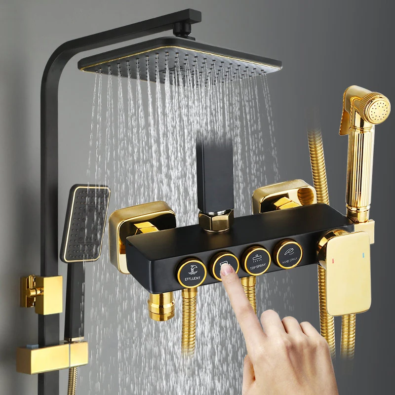 Bathroom black full copper thermostatic digital display shower set booster nozzle multi-function mixing valve AE02ZS-0001 | Обустройство