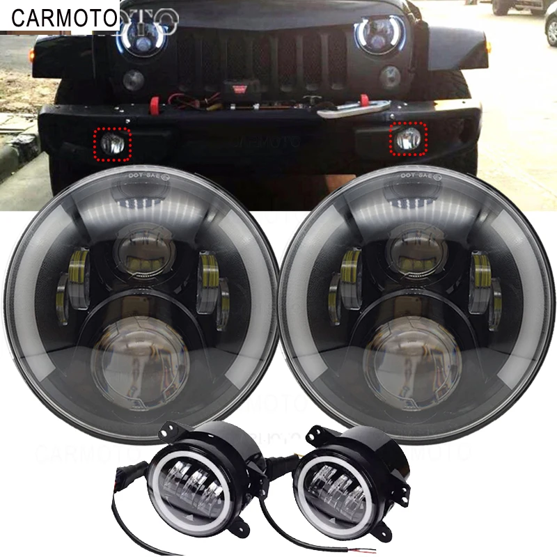

7" LED headlights with halo amber turn signal + 4" fog light for lada niva 4x4 Suzuki Samurai for VAZ 2101 Lexus Mazda headlamp