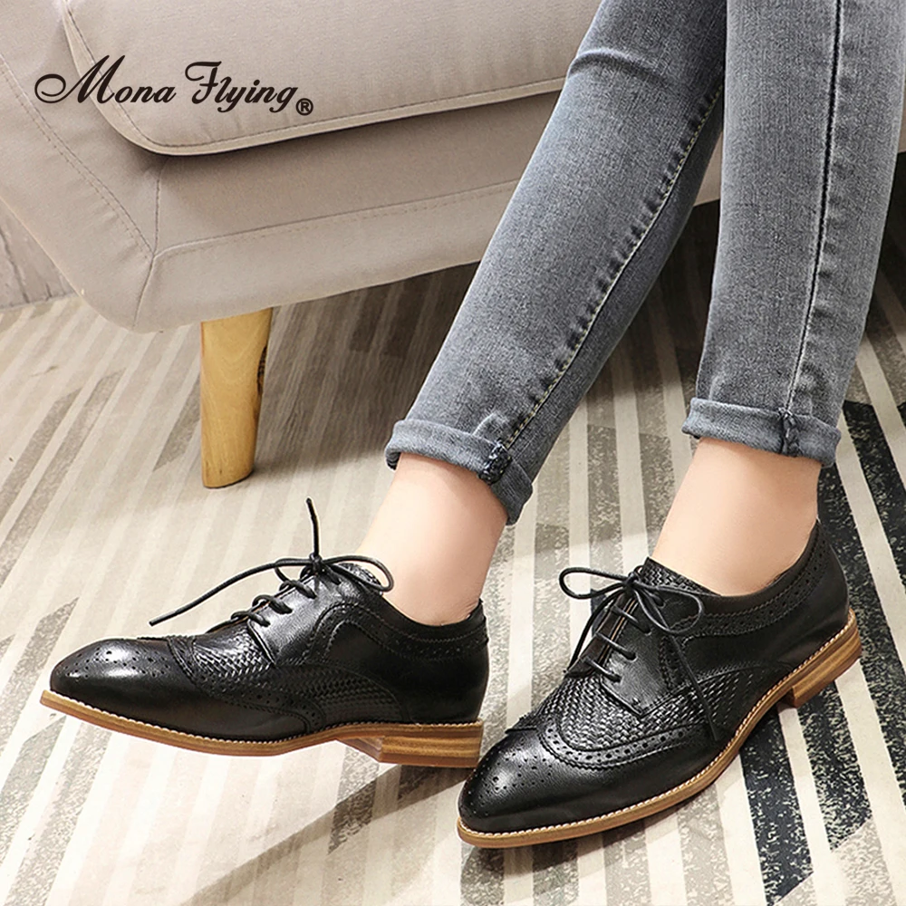 Mona Flying Women Genuine Leather Wingtip Oxfords Derby Brogues