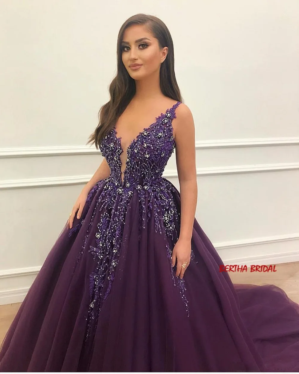 Vestidos De Fiesta Largos Elegantes De Gala сливовое бальное платье, платья для выпускного вечера с аппликацией из бисера, Тюлевое вечернее платье на тонких бретельках