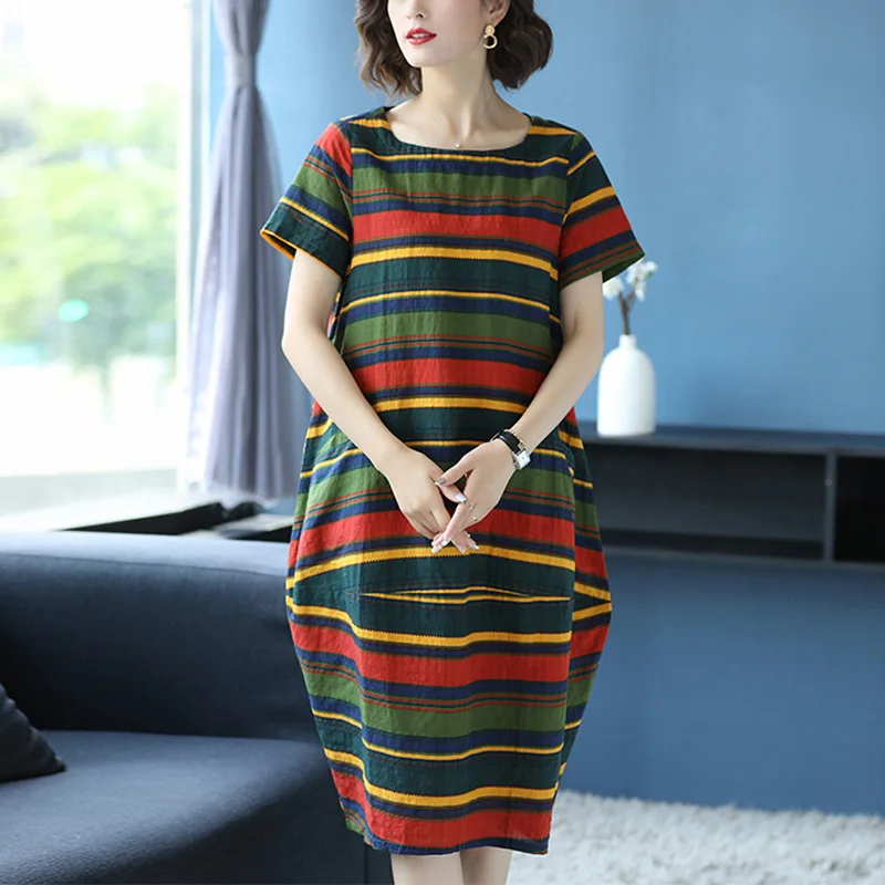 

Cotton Linen Dress Women's Summer New Style Popular Mid-length Retro Flax Skirt Large Size Stripes over-the-Knee Long Skirts Fas