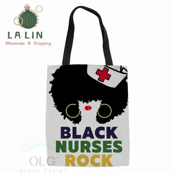

LALIN Black Nurses Rock Printed Casual Tote Linen Fabric Beach Bag New African Lady Shoulder Bag For Women Reusable Shopping Bag