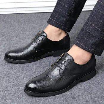 

2020 Gentlemens Spring Summer Lace Up Checkered Square Heeled Business Casual Fashion Comfortable Mens Dress Shoes Plus Size