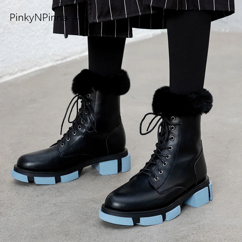 

new designer women warm winter snow ankle boots rabbit fur plush lining split heels black booties plus size ladies street shoes